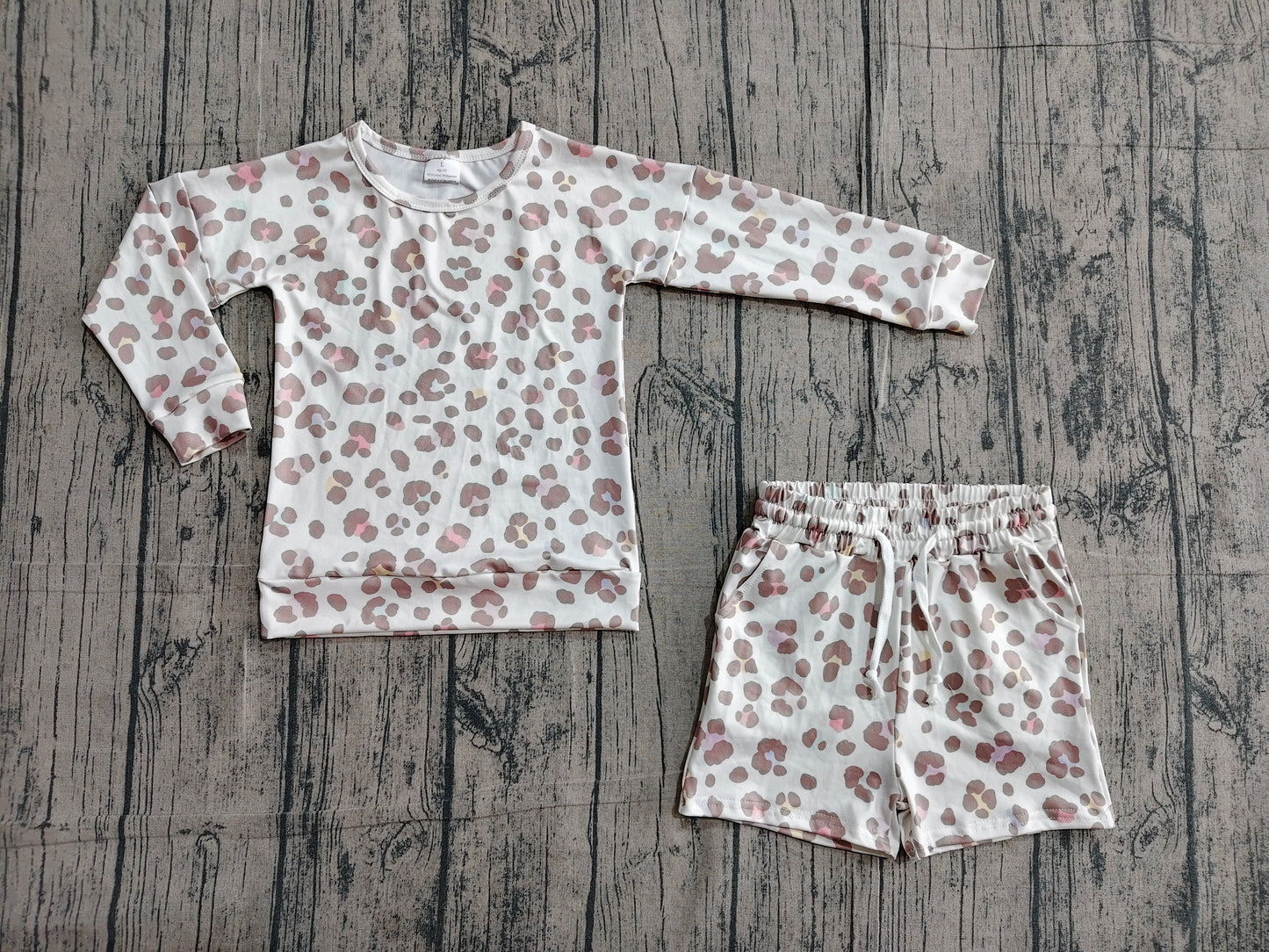 GLS0093Baby Girls Pink Leopard Long Sleeve Top Pockets Shorts Clothes Sets