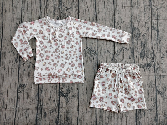 GLS0093Baby Girls Pink Leopard Long Sleeve Top Pockets Shorts Clothes Sets