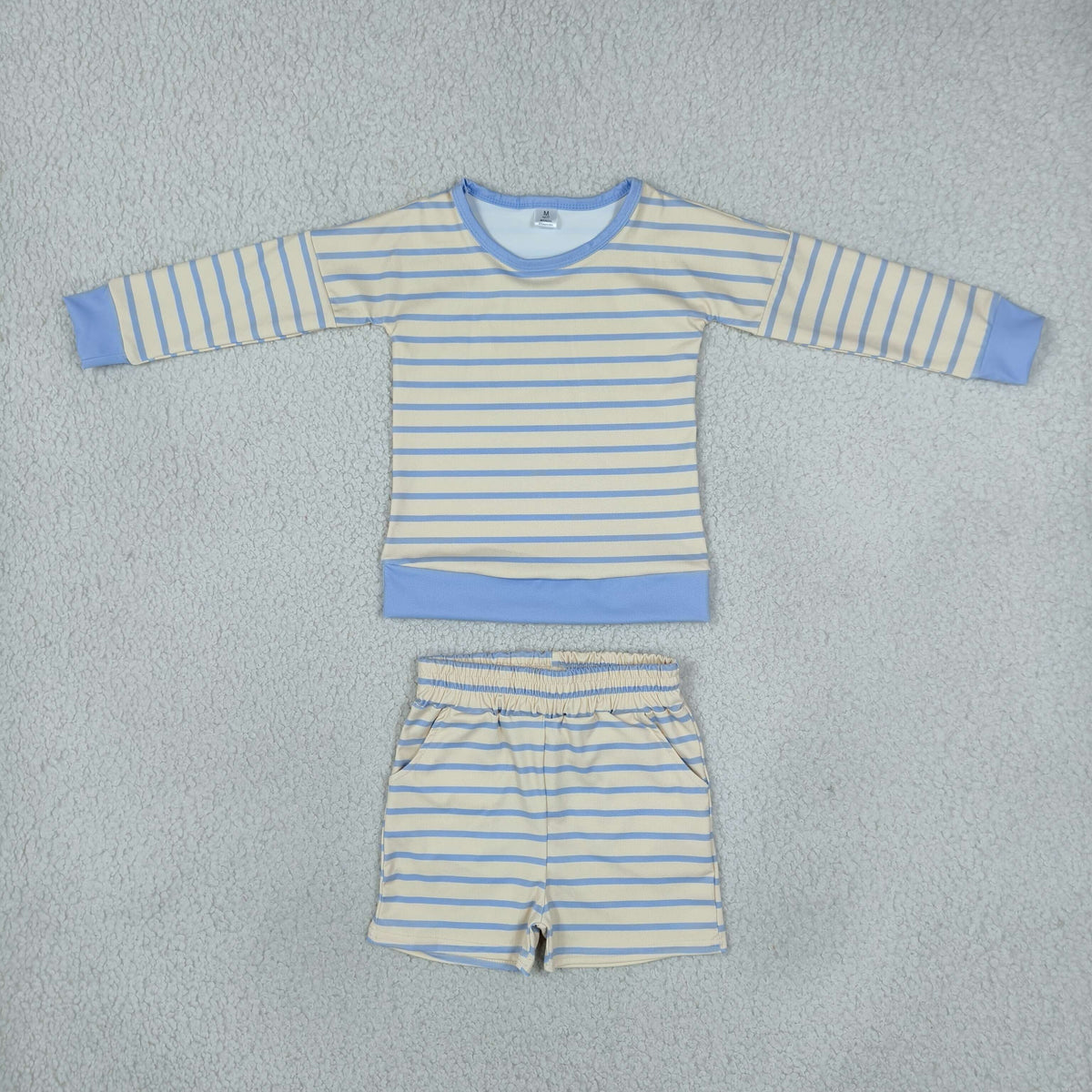 RTS NO MOQ yoga fabric GLS0125 Baby Girls Yellow Blue Stripe Shirts Pockets Short Yoga Active Clothes Set