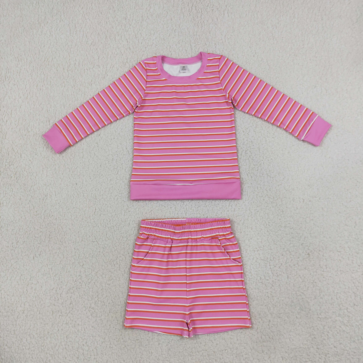 RTS NO MOQ yoga fabric GLS0126 Baby Girls Pink Stripe Long Sleeve Top Pockets Short Yoga Active Clothes Set