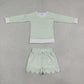 RTS NO MOQ yoga fabric GLS0154 Baby Girls Light Green Stripe Long Sleeve Top Pockets Scallop Short Yoga Active Clothes Set
