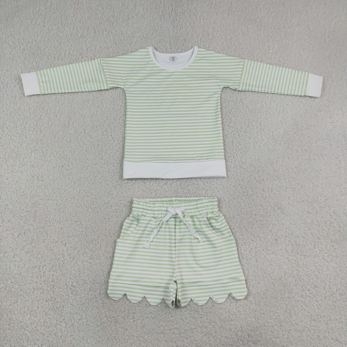 RTS NO MOQ yoga fabric GLS0154 Baby Girls Light Green Stripe Long Sleeve Top Pockets Scallop Short Yoga Active Clothes Set