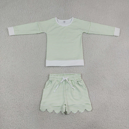 RTS NO MOQ Sibling yoga fabric Baby Girls Striped Long Sleeve Top and Scallop Hem Shorts Set