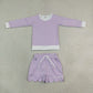 RTS NO MOQ yoga fabric GLS0155 Baby Girls Purple Stripe Long Sleeve Top Pockets Scallop Short Yoga Active Clothes Set