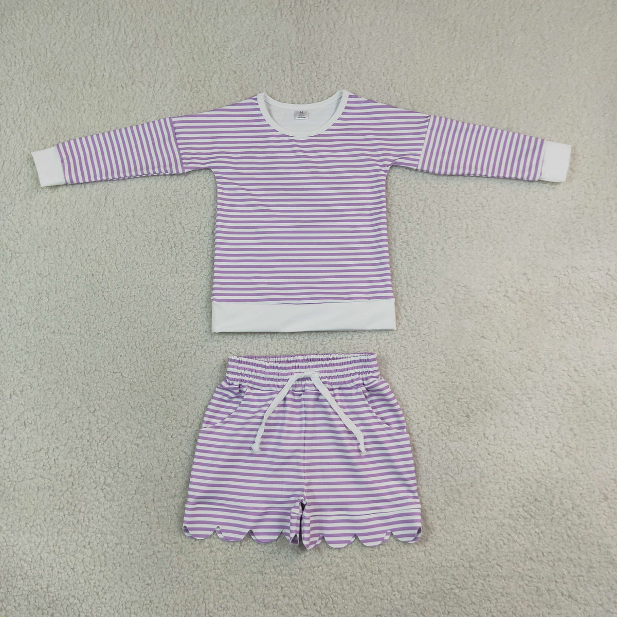 RTS NO MOQ yoga fabric GLS0155 Baby Girls Purple Stripe Long Sleeve Top Pockets Scallop Short Yoga Active Clothes Set