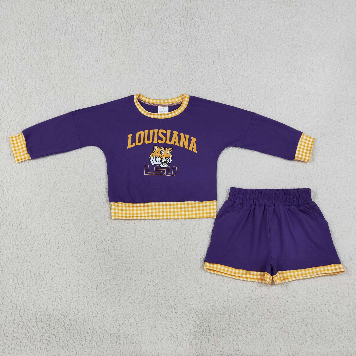 NEW RTS NO MOQ Vinyl GLS0166 Baby Boys Vinyl Louisiana Long Sleeve Top Short Team Clothes Set