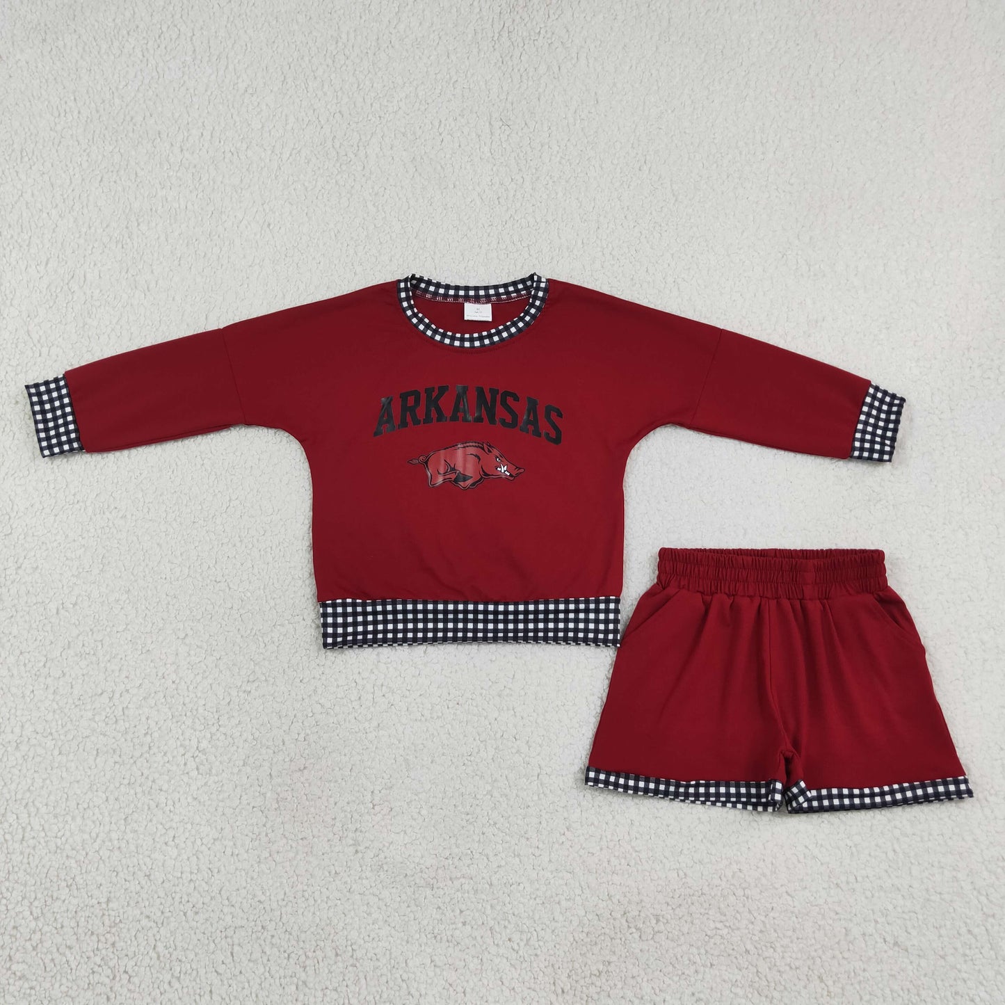 NEW RTS NO MOQ Vinyl GLS0167 Baby Boys Red Long Sleeve Top Short Team Clothes Set