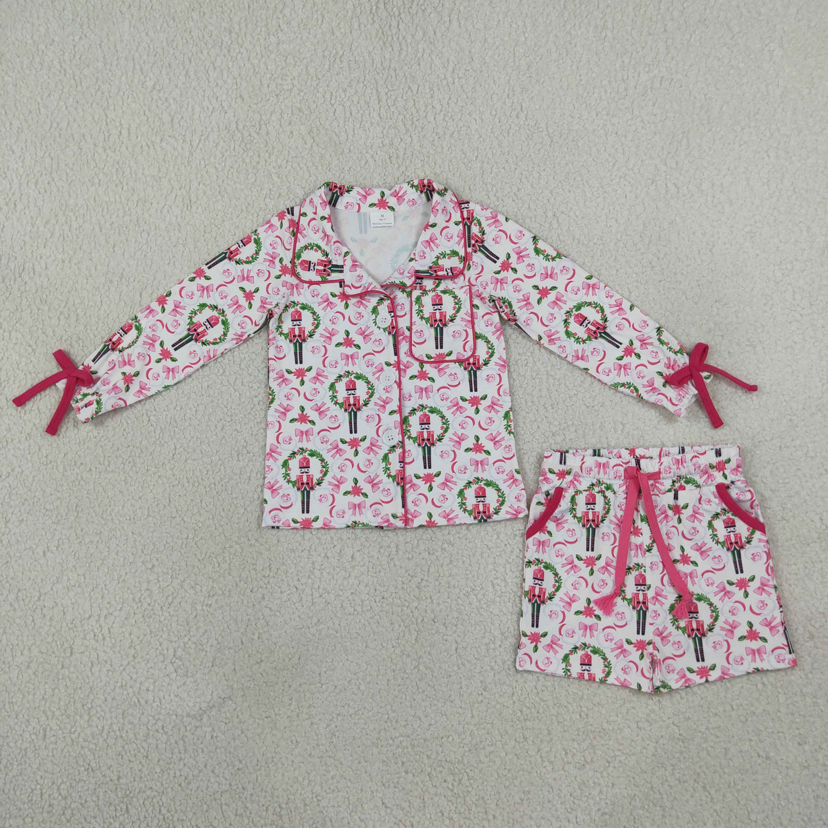 RTS NO MOQ milk silk GLS0173 Baby Girls Bows Soldiers Button Top Pocket Short Christmas Pajamas Sets