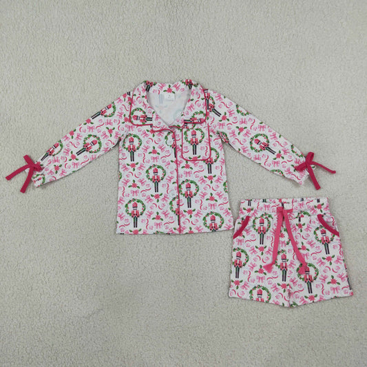 RTS NO MOQ milk silk GLS0173 Baby Girls Bows Soldiers Button Top Pocket Short Christmas Pajamas Sets