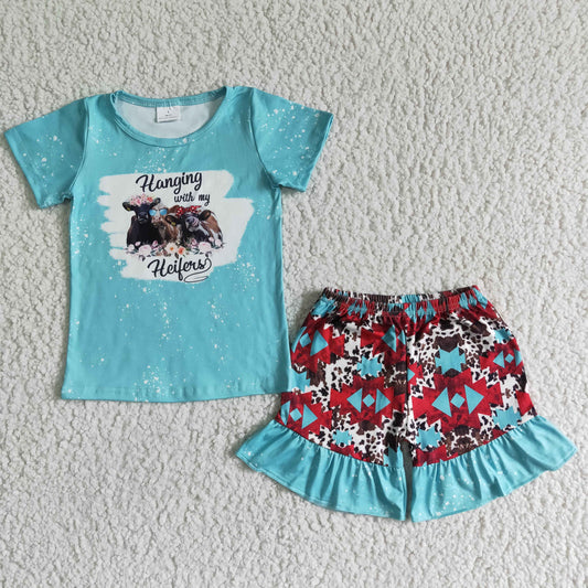 Blue cartoon short sleeve shorts suit