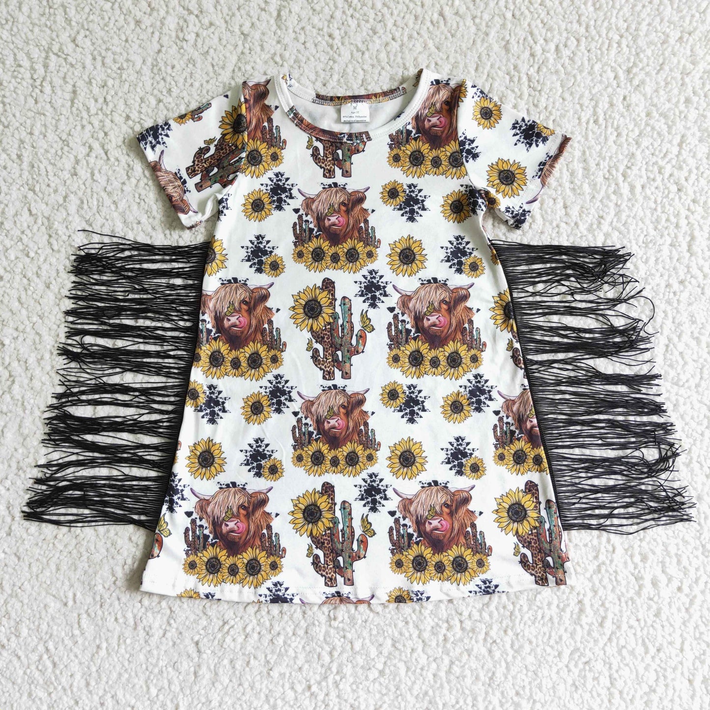 GSD0084 Girls Alpine Cow Cactus Sunflower Tassel Short Sleeve Dress