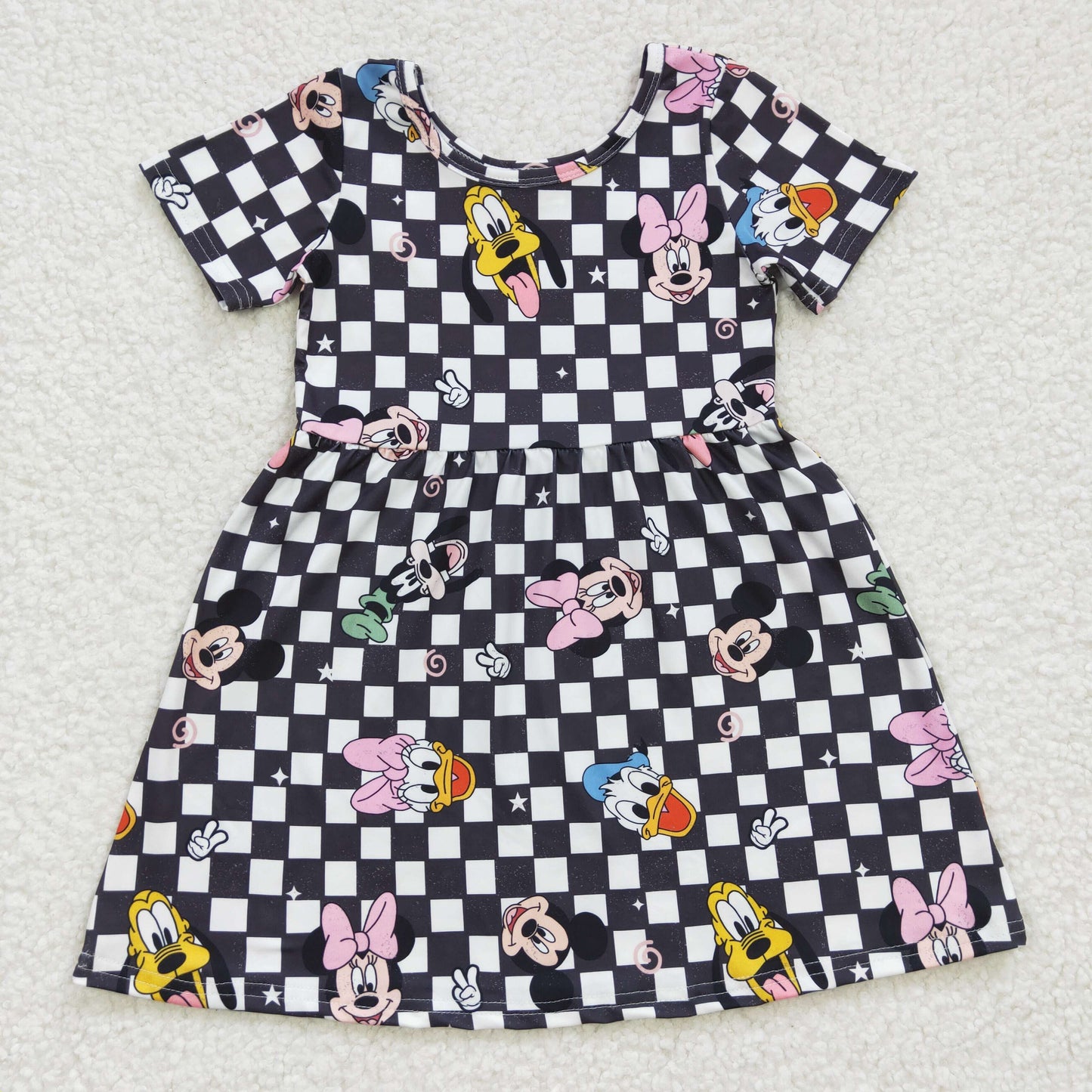 GSD0235 Girls Disney Mickey Donald Duck black plaid short-sleeved dress