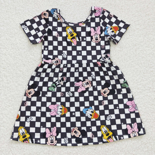 GSD0235 Girls Disney Mickey Donald Duck black plaid short-sleeved dress