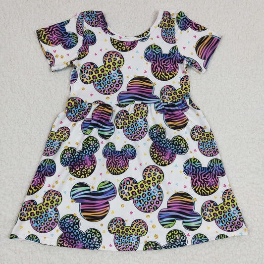 GSD0239 Girls colorful leopard print Mickey head short sleeve dress