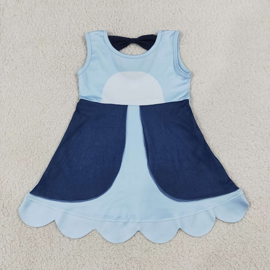 NEW RTS NO MOQ cotton GSD2515 Cute Clothes Baby Girls Summer Blue Sleeveless Knee Length Dress
