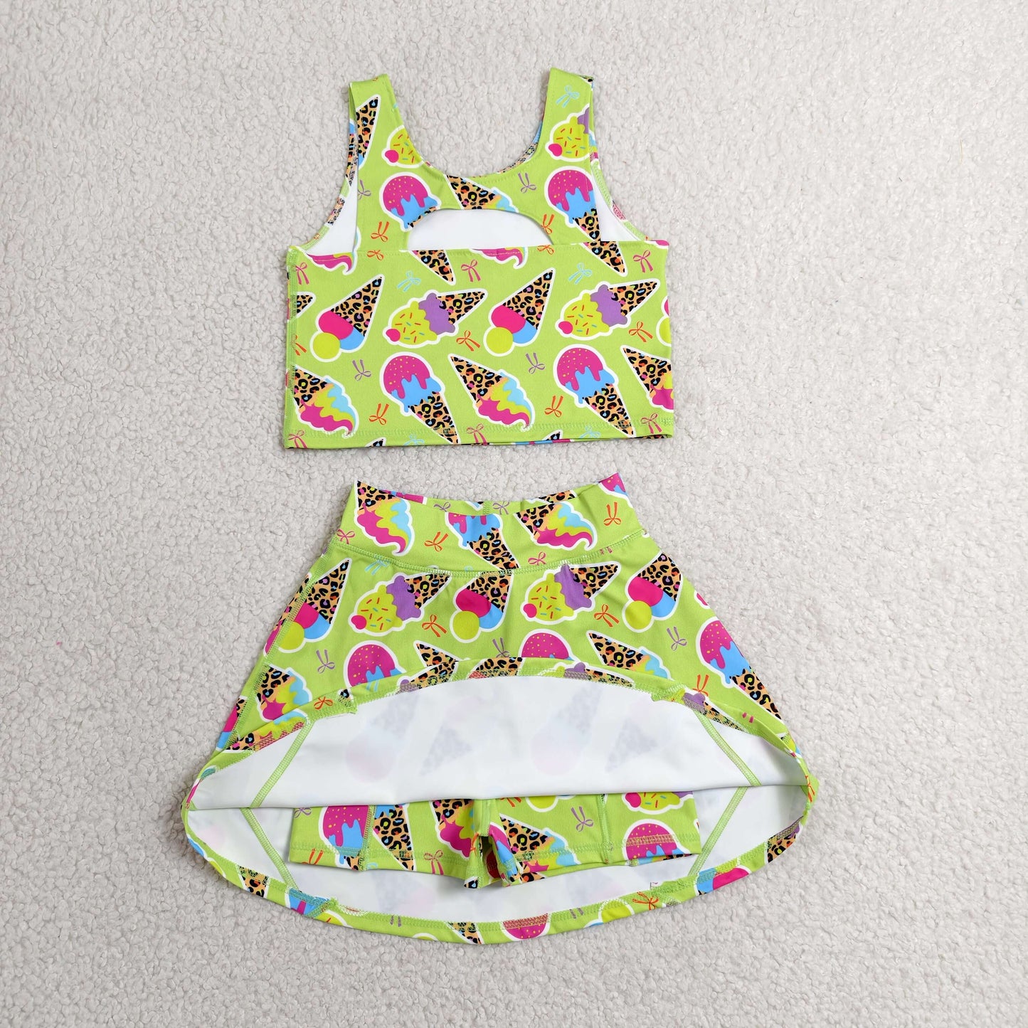 GSD2520 Baby Girls Colorful Leopard Ice Creams Vest Top Skirt Shorts Yoga Active Clothes Set