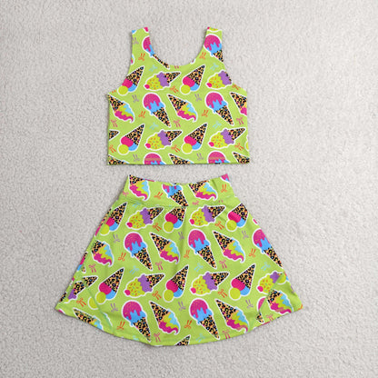 GSD2520 Baby Girls Colorful Leopard Ice Creams Vest Top Skirt Shorts Yoga Active Clothes Set