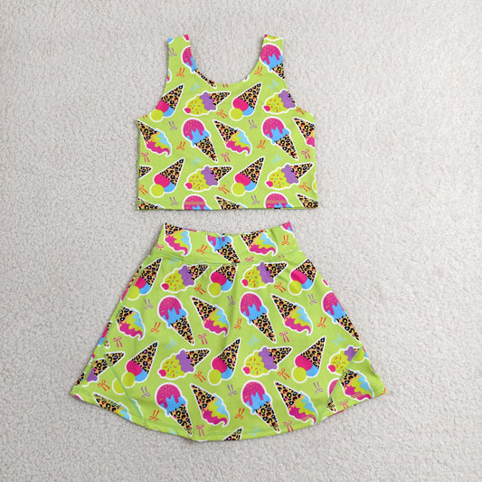 RTS NO MOQ Yoga GSD2520 Baby Girls Colorful Leopard Ice Creams Vest Top Skirt Shorts Yoga Active Clothes Set