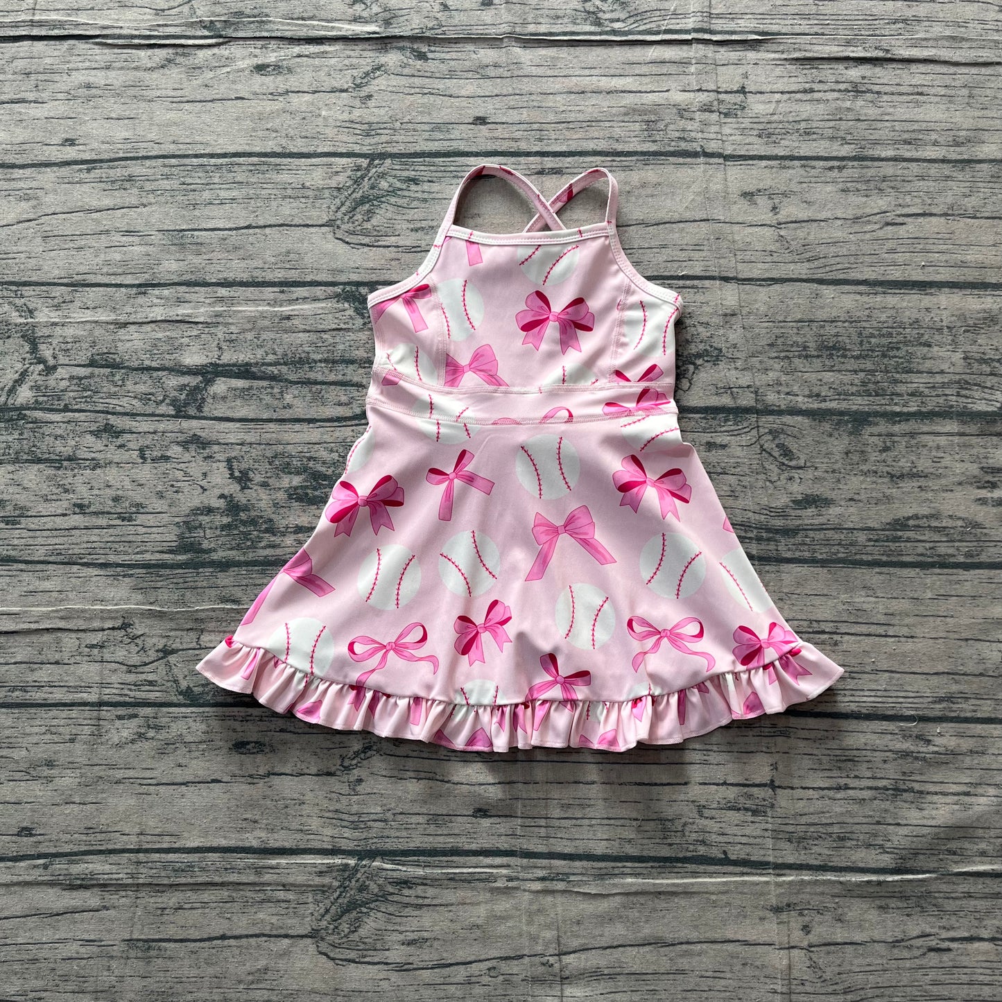 GSD2567Baby Girls Strap Pink Bows Baseballs Activity Wear Yoga Knee Length Dresses Preorder（副本）