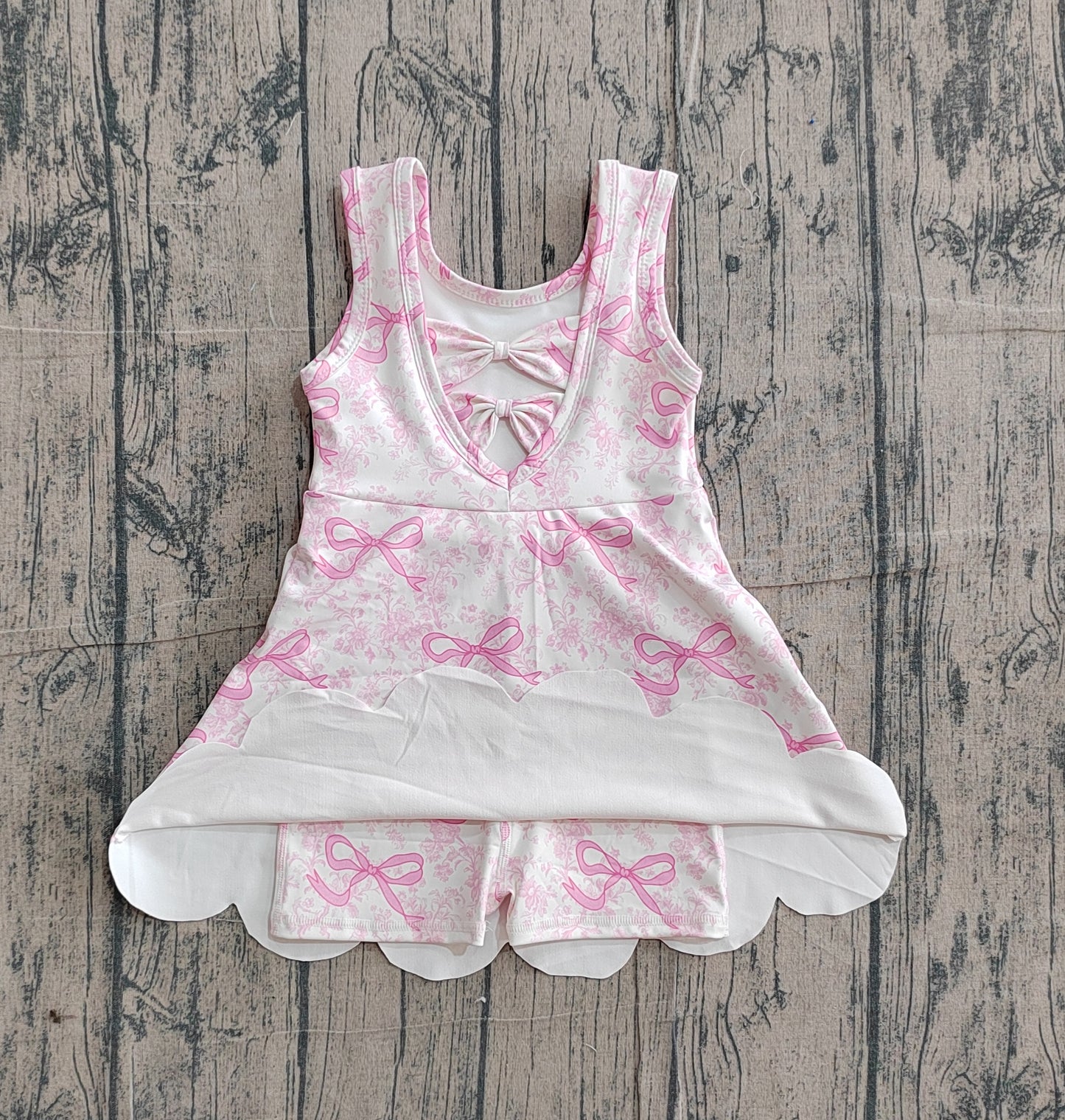 GSD2572Baby Girls Pink Bows Floral Activity Wear Yoga Short Skort Knee Length Dresses Preorder