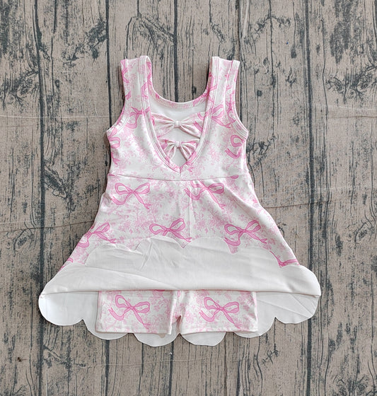 GSD2572Baby Girls Pink Bows Floral Activity Wear Yoga Short Skort Knee Length Dresses Preorder