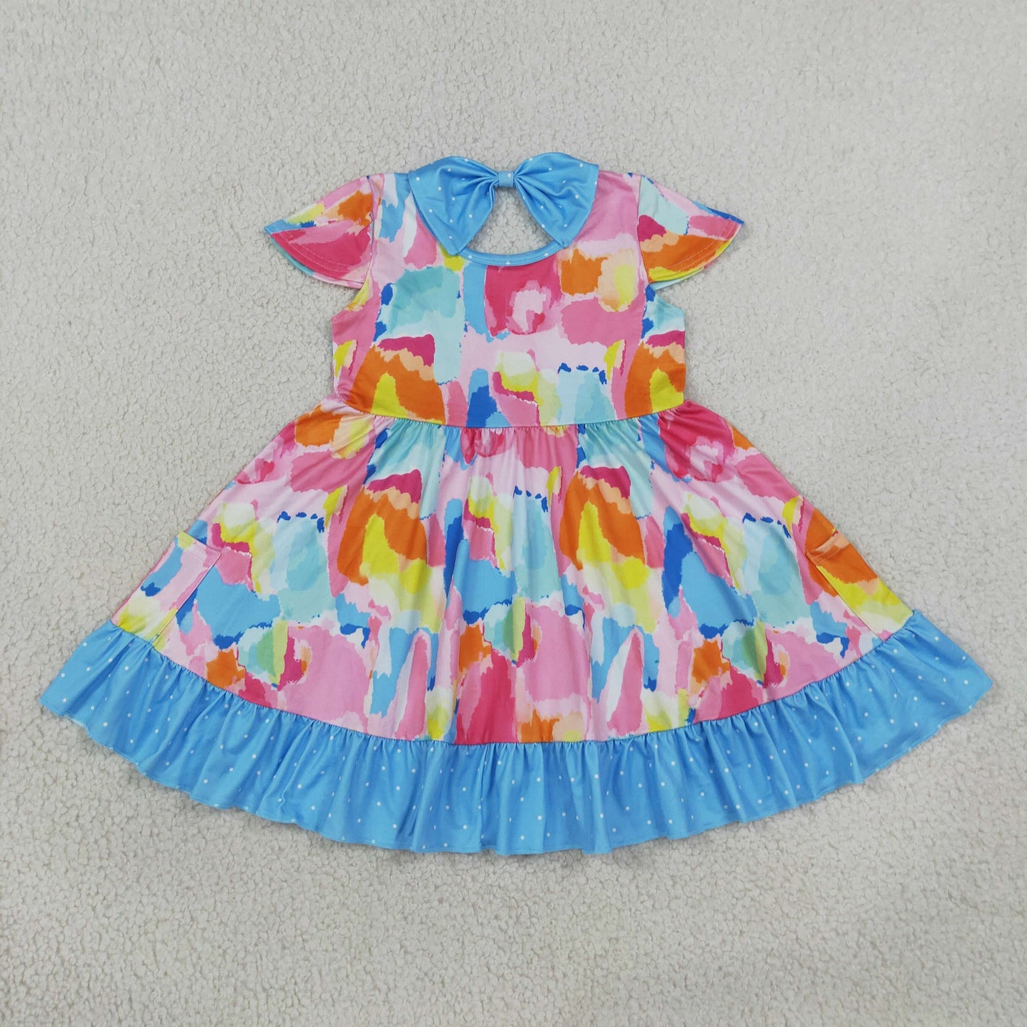 NEW RTS NO MOQ milk silk GSD2610 Baby Girls Cute Short Sleeve Watercolor Camo Print Ruffle Trim Pocket Knee Length Dress