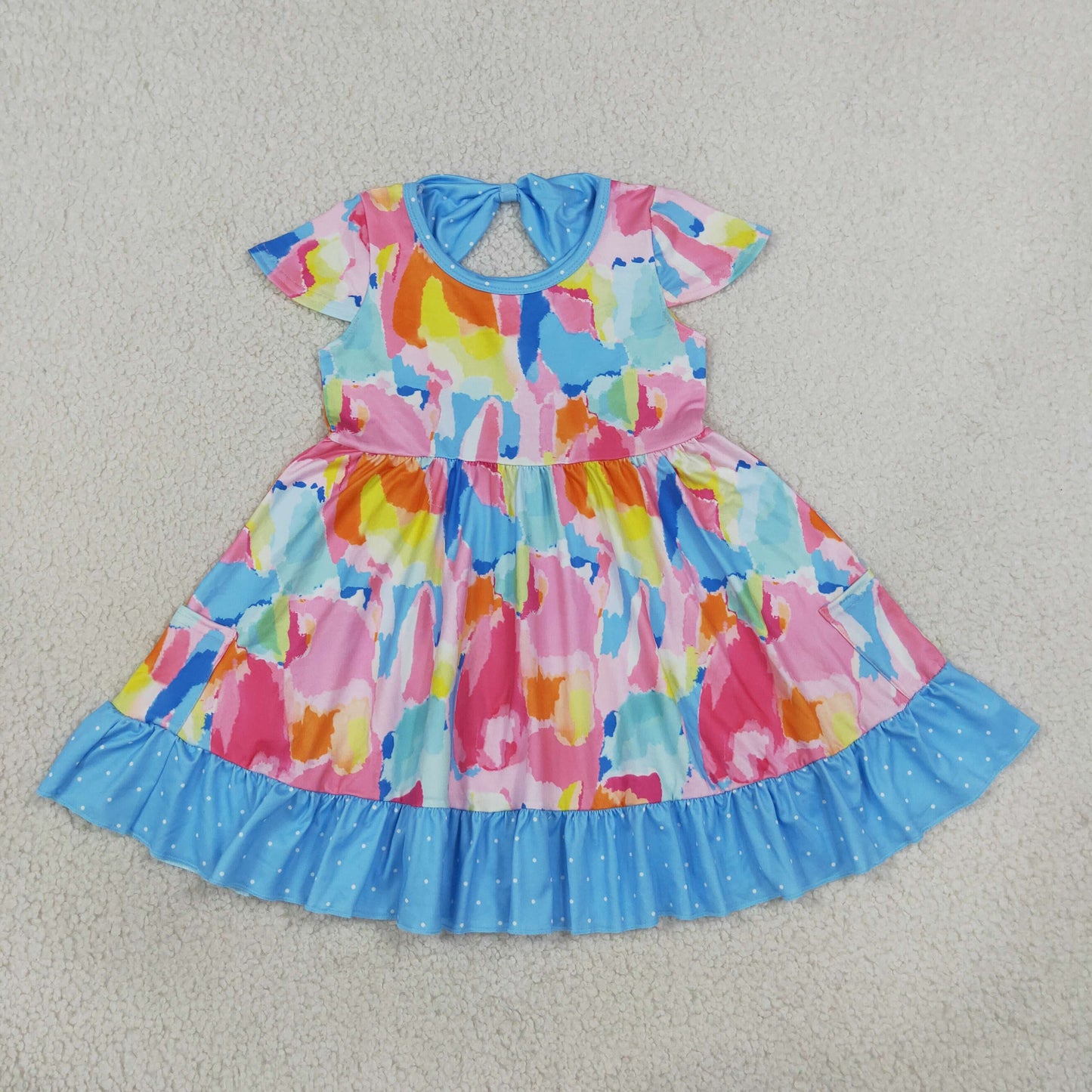NEW RTS NO MOQ milk silk GSD2610 Baby Girls Cute Short Sleeve Watercolor Camo Print Ruffle Trim Pocket Knee Length Dress