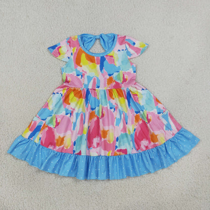 RTS NO MOQ Sibling milk silk Baby Girls Short Sleeves Tie‑dye Print Pockets Ruffle Knee Length Dresses