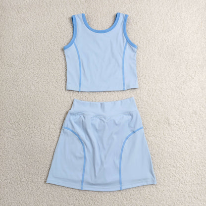 GSD2674 Baby Girls Blue Sleeveless Vest Top Skirt Short Yoga Active Clothes Set