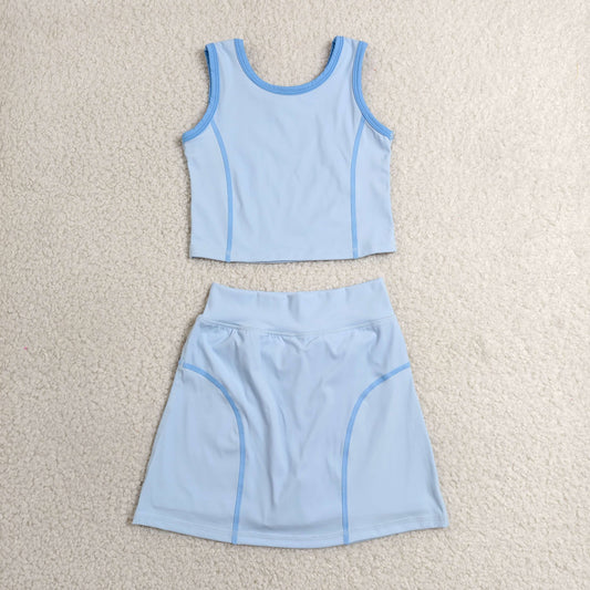 RTS NO MOQ Yoga GSD2674 Baby Girls Blue Sleeveless Vest Top Skirt Short Yoga Active Clothes Set