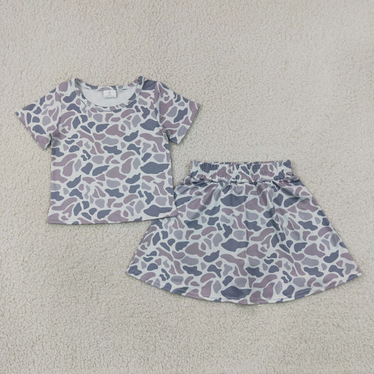 NEW RTS NO MOQ milk silk GSD2724 Baby Girls Gray Camo Print Short Sleeve Top Elastic Waist Skort Clothes Set
