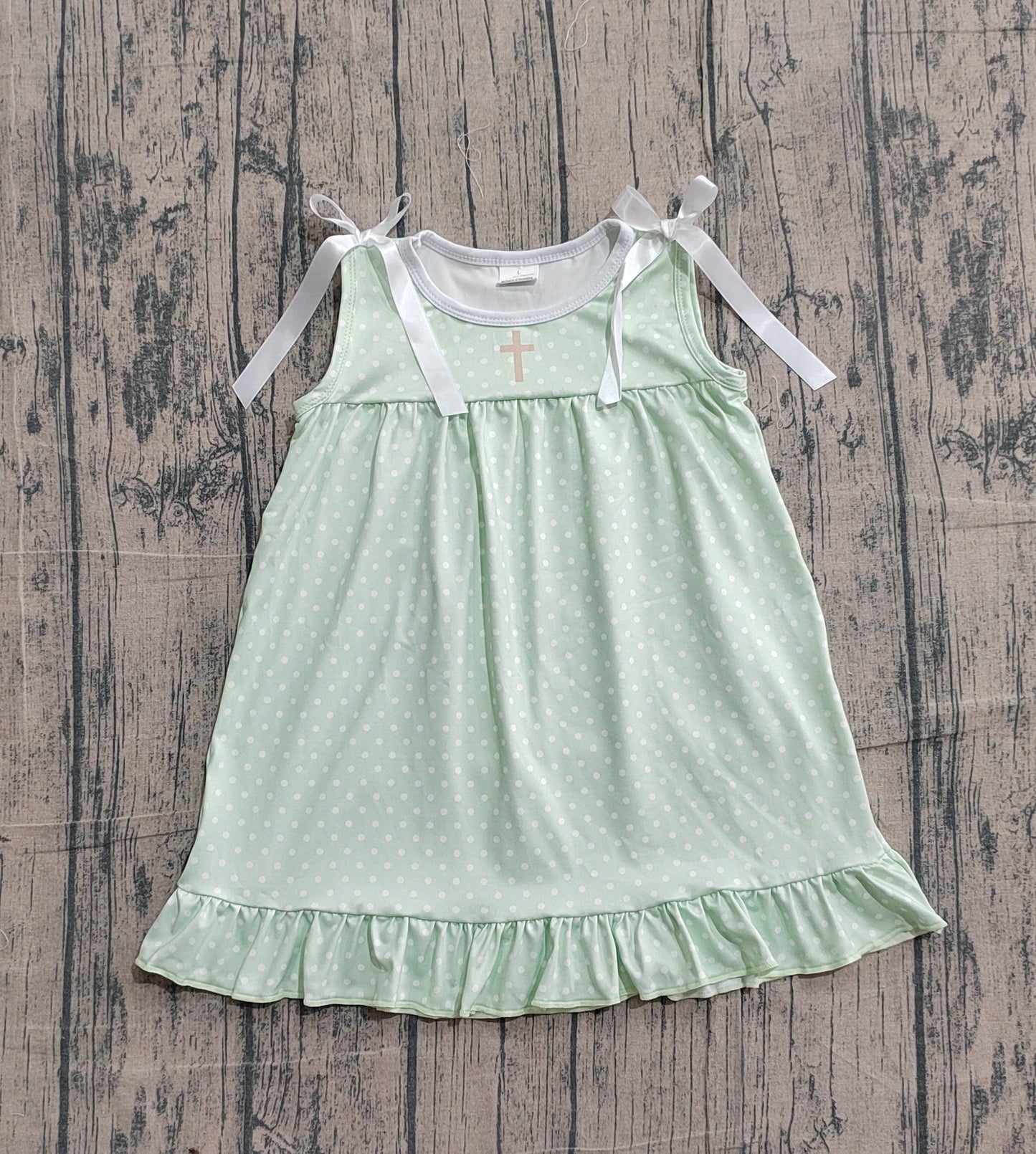 GSD2860Baby Girls Green Polka Dots Cross Easter Ruffle Knee Length Dresses