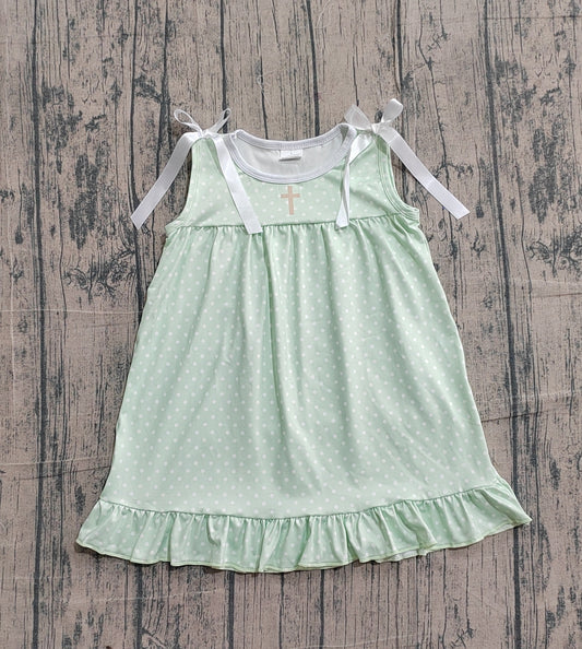 GSD2860Baby Girls Green Polka Dots Cross Easter Ruffle Knee Length Dresses
