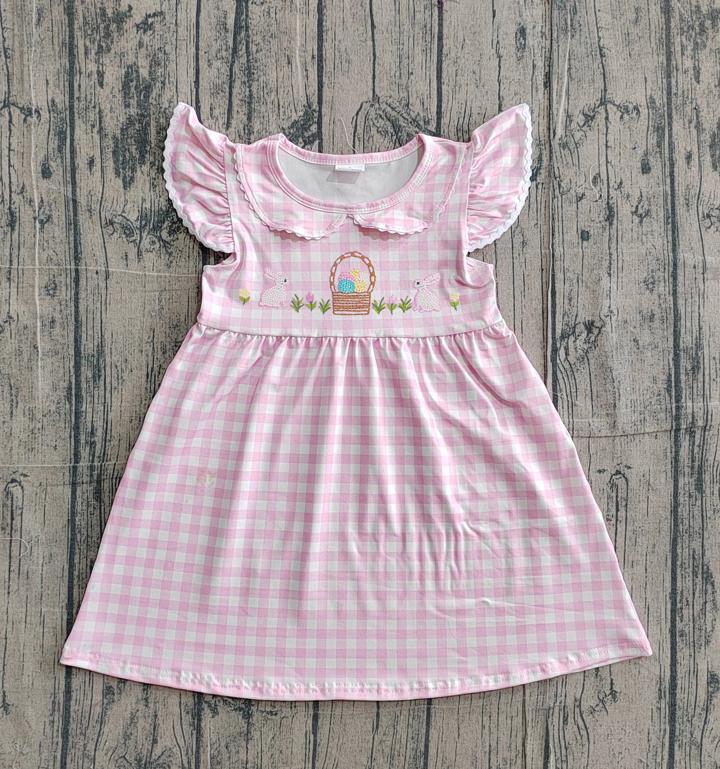 GSD2913Embroidery Rabbits Eggs Baby Girls Pink Checked Easter Knee Length Dresses