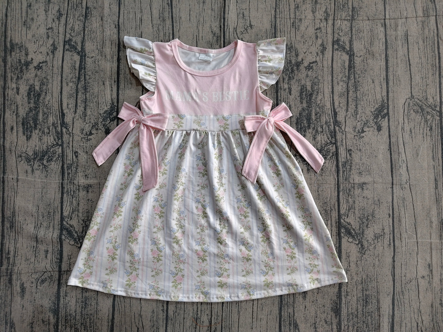 GSD2973Baby Girls Mama's Bestie Flowers Stripe Scallop Knee length Dress Preorder