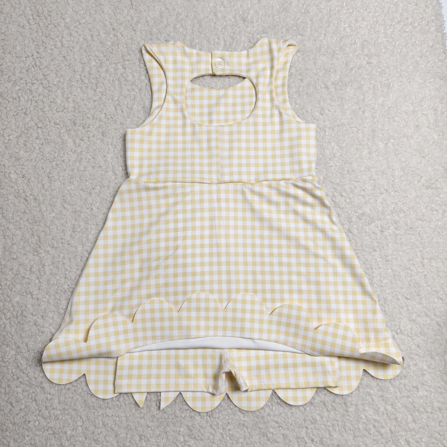 RTS NO MOQ Yoga GSD3027 Baby Girls Sleeveless Yellow Checked Yoga Shorts Short Scallop Knee Length Dresses