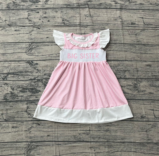 GSD3153Smocked Big Sister Baby Girls Pink Stripe Collar Knee Length Dresses Preorder