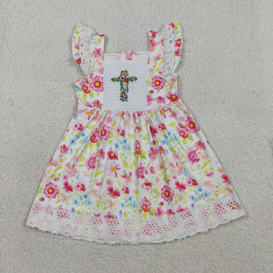 3.31 GSD3313 Smocked Floral Cross Baby Girls Easter Lace Ruffle Knee Length Dresses