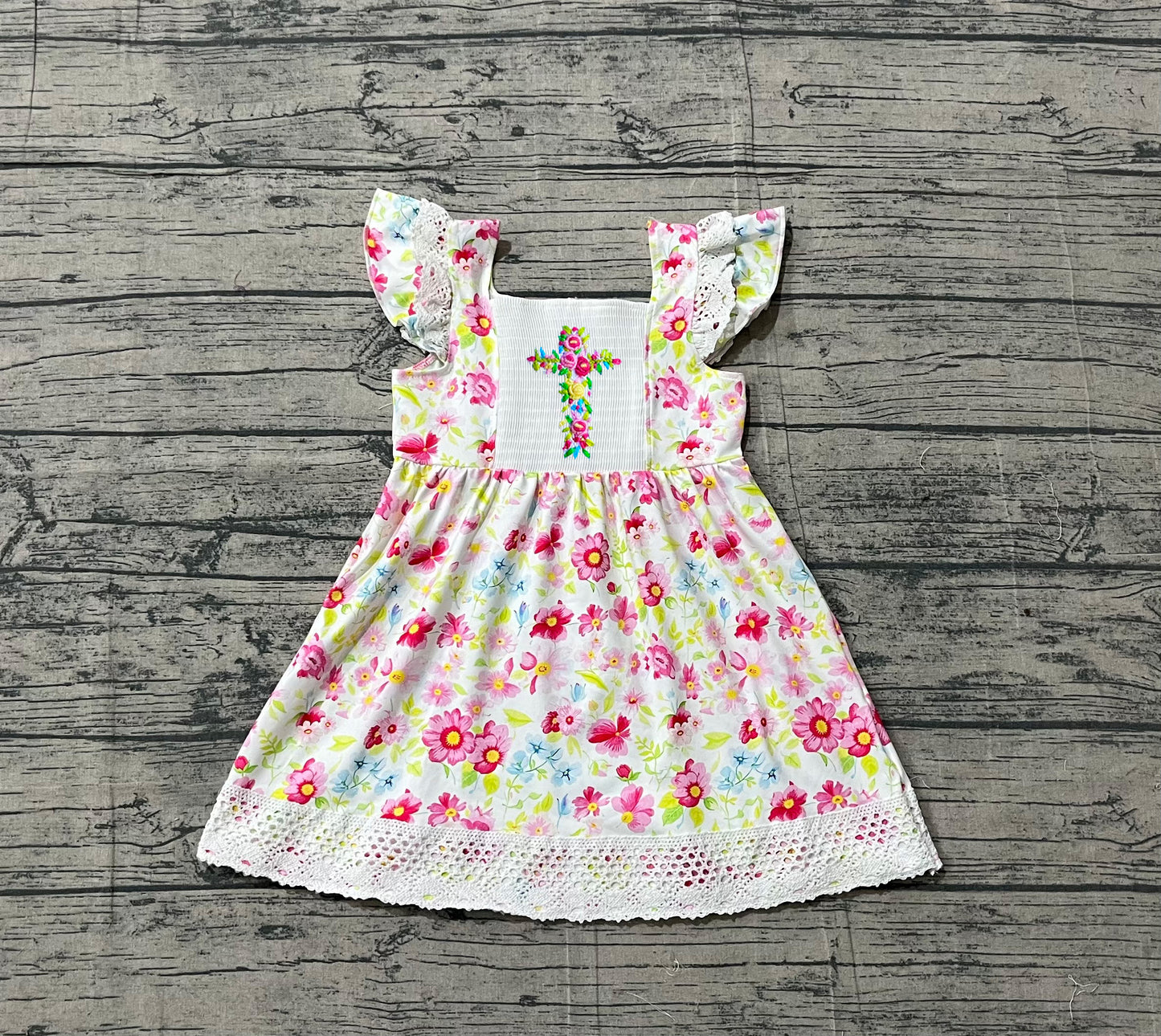 GSD3313Smocked Floral Cross Baby Girls Easter Lace Ruffle Knee Length Dresses