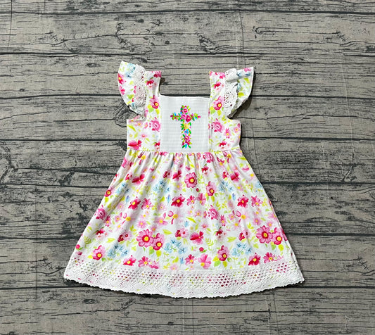 GSD3313Smocked Floral Cross Baby Girls Easter Lace Ruffle Knee Length Dresses
