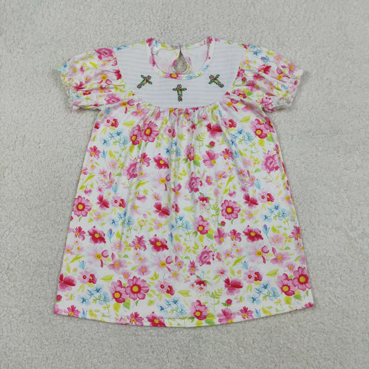 3.28 GSD3314 Floral short sleeves cross smocked baby girls Easter dress