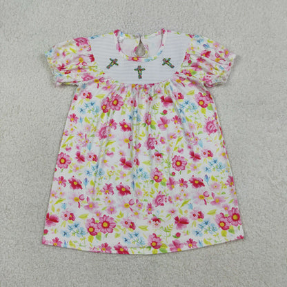 3.31 Sibling Baby Girls Smocked Floral Crosses Easter Knee Length Dresses