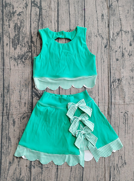 GSD3320Baby Girls Green Vest Bows Skirt Scallop Shorts Yoga Active Clothes Sets Preorder