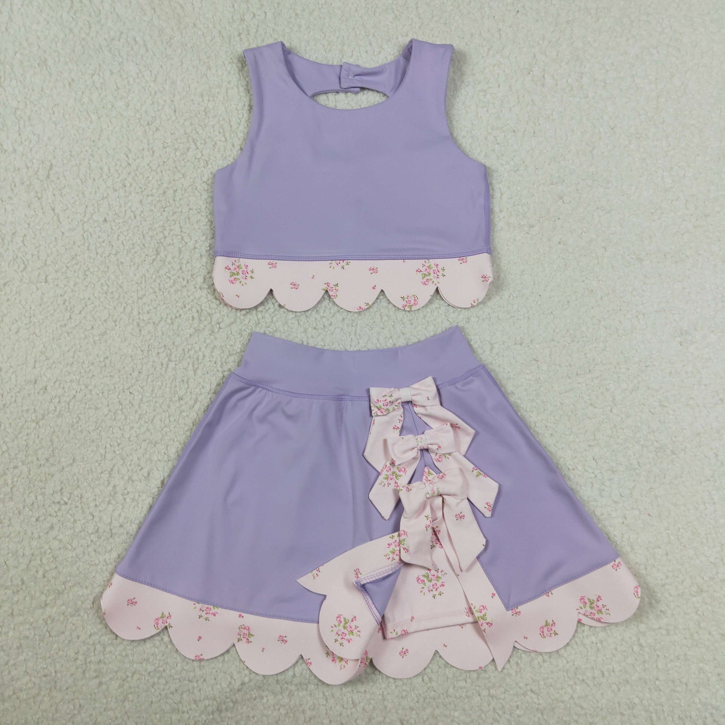 RTS NO MOQ Yoga GSD3323 Baby Girls Lavender Sleeveless Vest Bows Skirt Shorts Yoga Active Scallop Clothes Sets