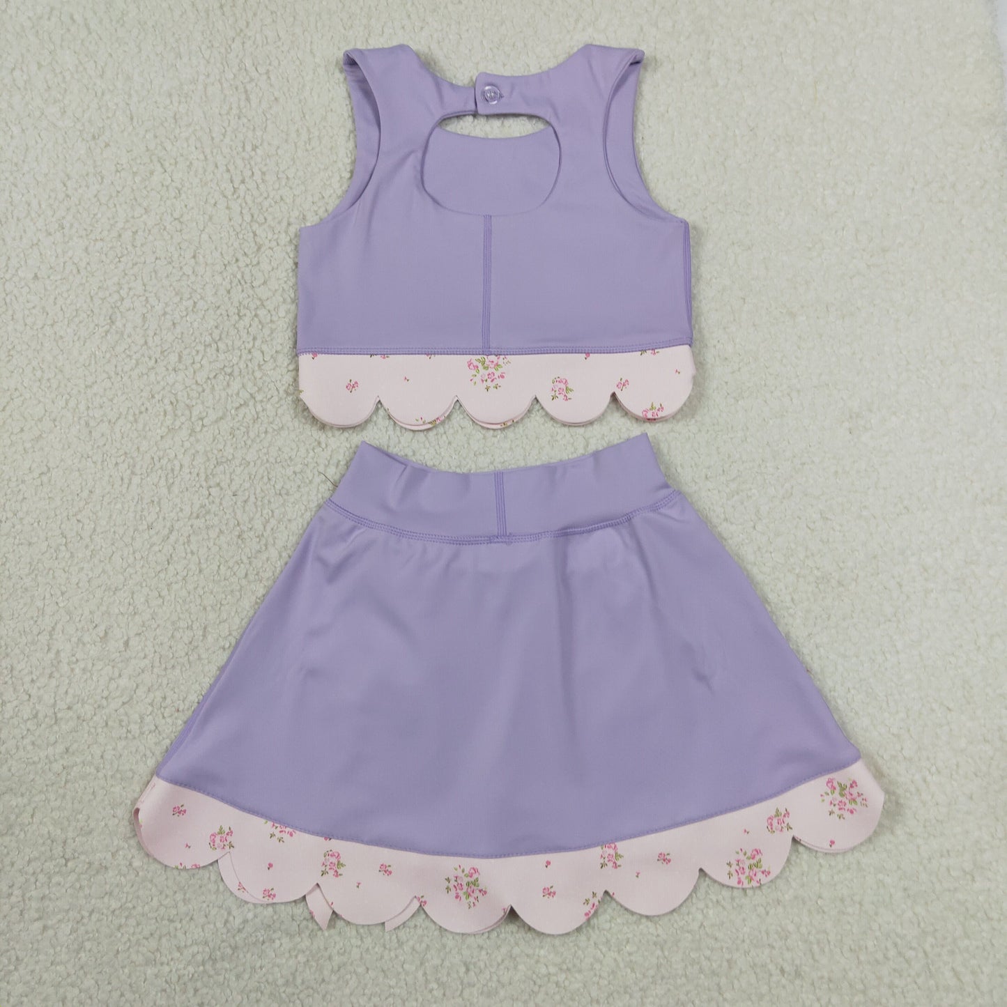 RTS NO MOQ Yoga GSD3323 Baby Girls Lavender Sleeveless Vest Bows Skirt Shorts Yoga Active Scallop Clothes Sets