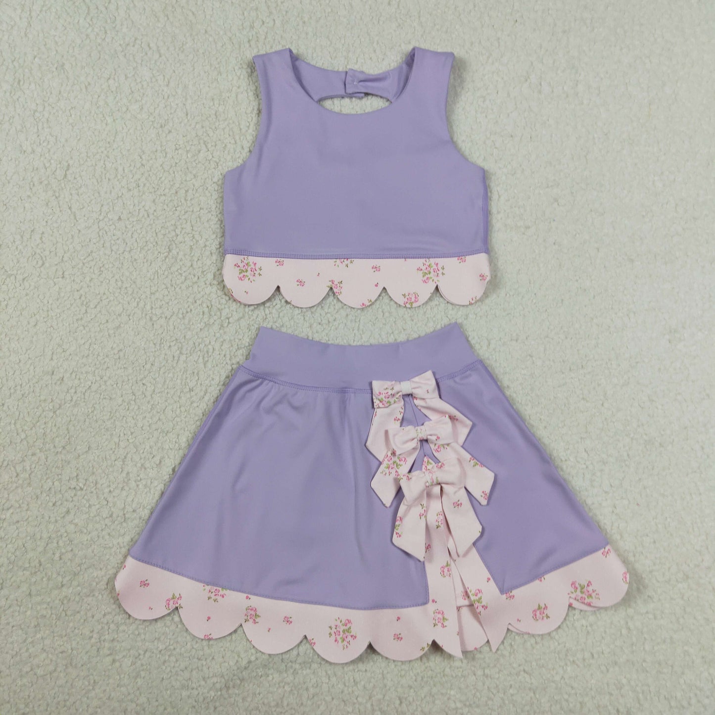 RTS NO MOQ Yoga GSD3323 Baby Girls Lavender Sleeveless Vest Bows Skirt Shorts Yoga Active Scallop Clothes Sets
