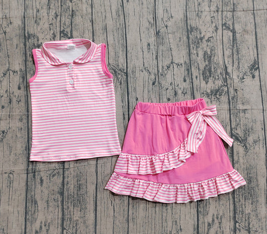 GSD3408Baby Girls Pink Stripe Button Top Skirt Shorts Yoga Active Clothes Sets Preorder