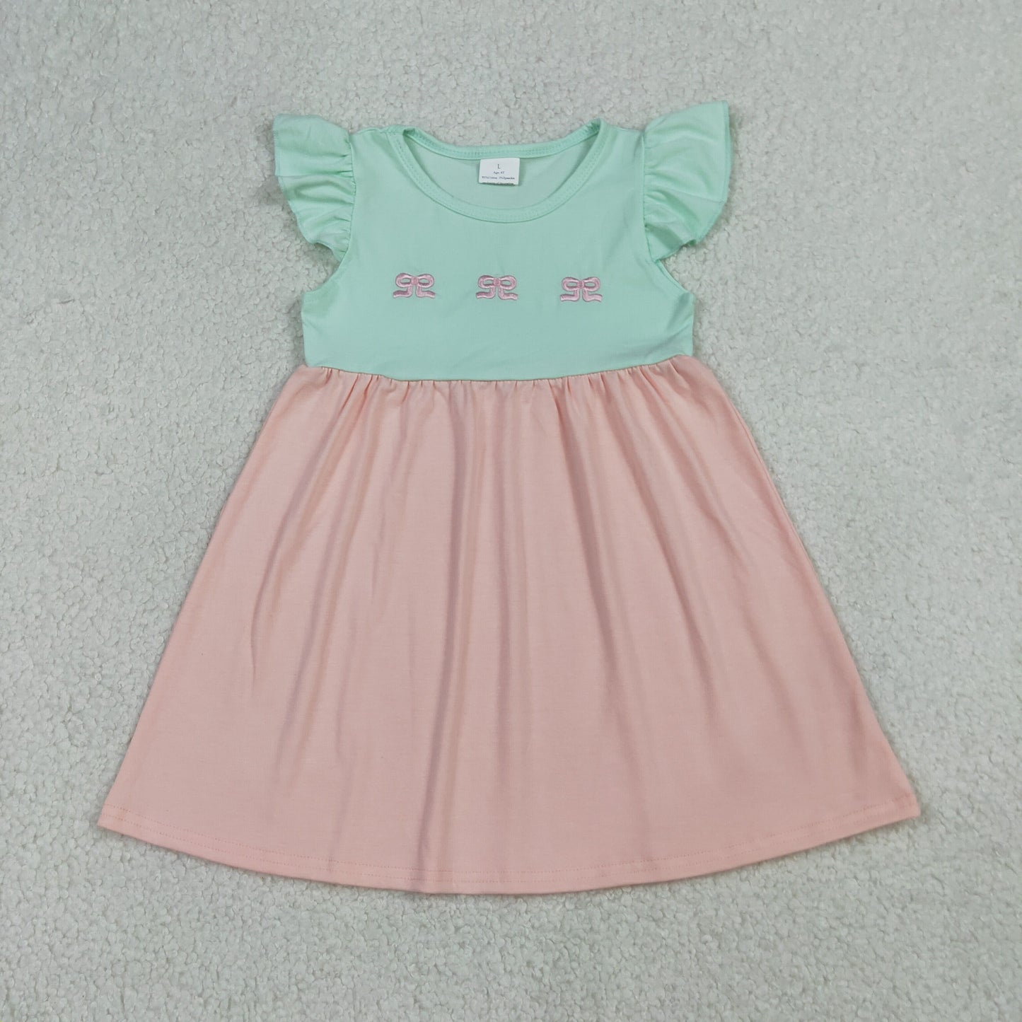 GSD3530 Embroidery Bows Baby Girls Flutter Sleeve Patchwork Knee Length Dress