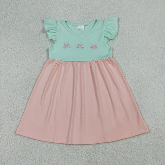 GSD3530 Embroidery Bows Baby Girls Flutter Sleeve Patchwork Knee Length Dress