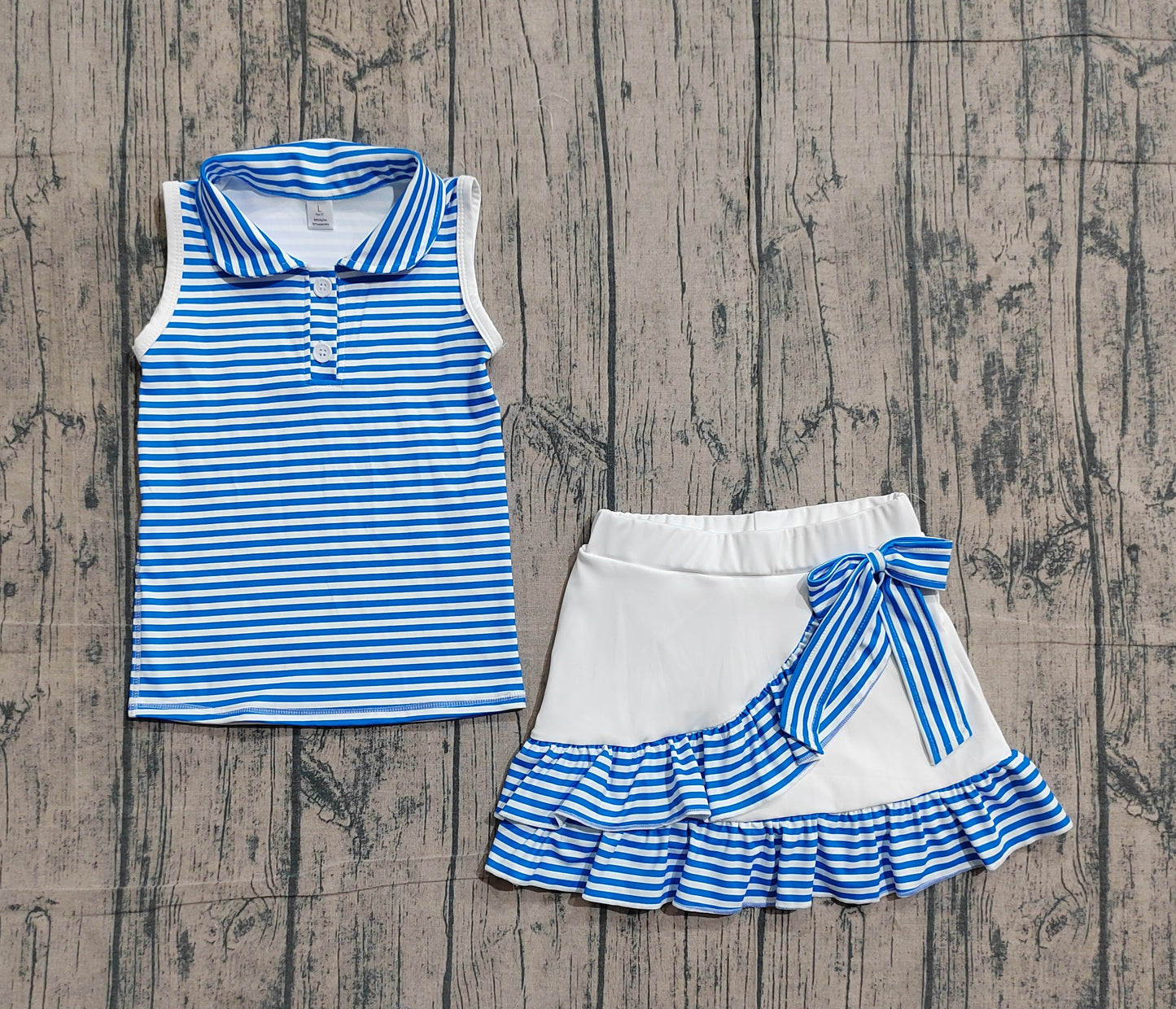 GSD3661Baby Girls Blue Stripe Button Top Skirt Shorts Yoga Active Clothes Sets Preorder